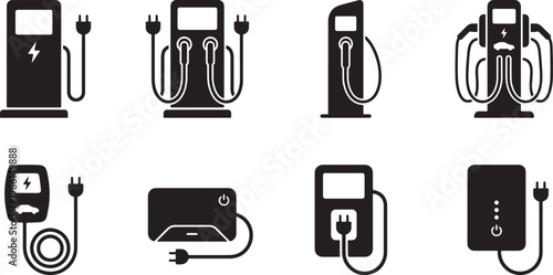 Electric vehicle charging station icons set representing different types of battery chargers and wallbox power units. Vector Illustration