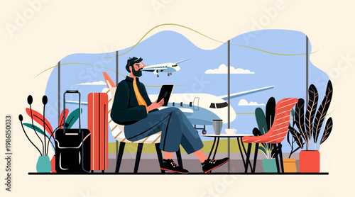 Man at airport lounge waiting for flight modern travel concept luggage airplanes window seating plants digital device coffee table