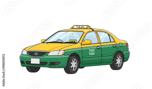 Vector Illustration of a Green and Yellow Taxi Car for Urban Transportation and Ride Service Design Projects