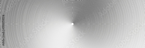 Black concentric circle texture. Radial geometric pattern background. Linear epicenter, radar or target concept. Round rippled ring wallpaper for brochure, template, poster, overlay. Vector backdrop