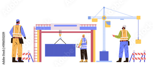 Construction workers teamwork building site crane lifting container safety vests helmets modern architecture flat design white background