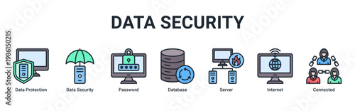 Data Security web banner icon vector illustration with icons of Data Protection, Data Security, Password, Database, Server, Internet and Connected