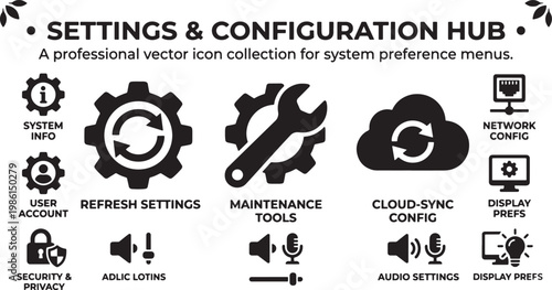 Settings and configuration hub system preference menu icons set featuring gear cloud network audio and security symbols. Vector Illustration