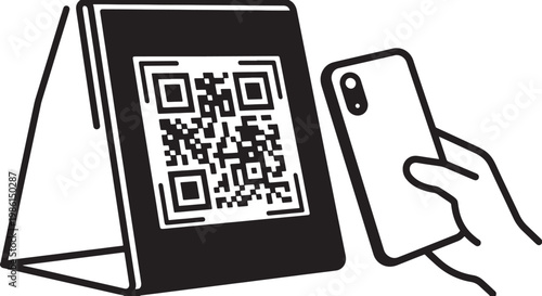 Qr code scanner icon, hand holding smartphone scanning qr code on display stand, minimalist vector design for payment.