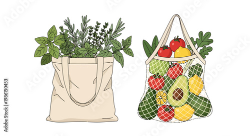 Reusable shopping bags with fresh produce and herbs