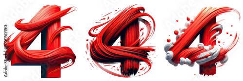 3d red number four with dynamic splatter and glossy effect on white background