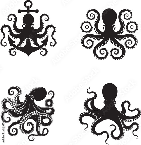black octopus silhouettes with anchor and tentacles
