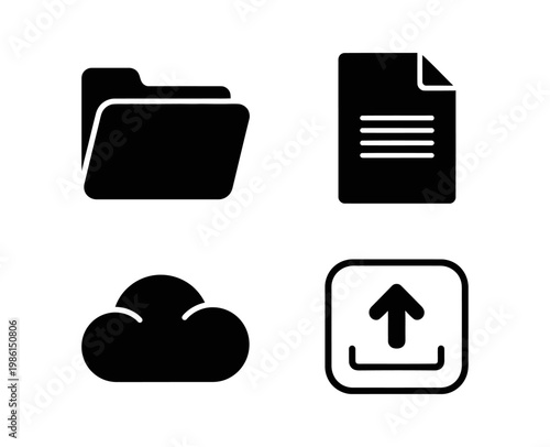 Comprehensive Set of Digital File Management and Cloud Computing Icons for Data Storage, Transfer, and Organization Solutions