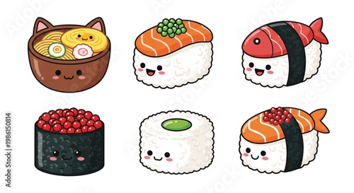 Cute kawaii sushi characters vector set with smiling Japanese food cartoon icons isolated on white