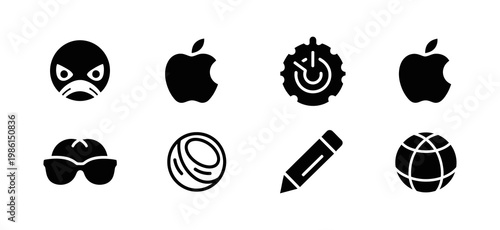 A collection of diverse vector icons including a bird face, spectacles, a globe, a fruit slice, a pencil, and mechanical cog wheel symbols for creative projects