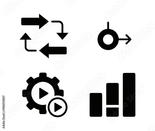 A versatile collection of modern business and data processing icons, illustrating workflow, analytics, settings, and iterative processes for various digital applications