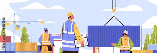 Construction workers teamwork loading shipping container crane site industrial teamwork safety vests hard hats outdoor cargo logistics warehouse
