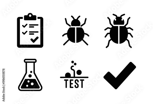 Vector icon set showcasing the complete software testing process, including task management, bug identification, experimental analysis, and final validation for quality assurance