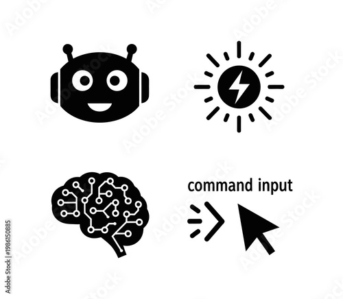 Illustrative vector icons depicting artificial intelligence, solar energy solutions, digital brains, and interactive command inputs for technology concepts