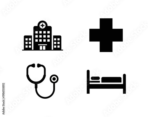 A versatile collection of black silhouette icons for healthcare, featuring hospital services, medical assistance, diagnostic tools, and essential patient care symbols