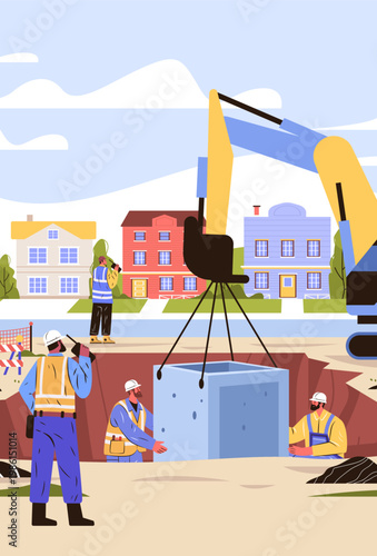 Construction workers heavy machinery teamwork building site crane lifting concrete block residential neighborhood colorful houses safety gear