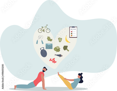 Healthy habits lifestyle as diet eating and active sport .Exercises for good shape and balanced meals for body wellbeing and vitality .person's life situation and his activities.