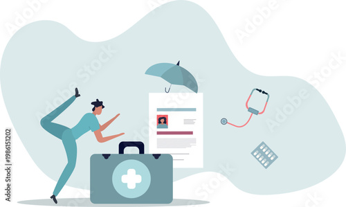 Health insurance.Doctor offering medical insurance policy contract..flat vector illustration.person's life situation and his activities.