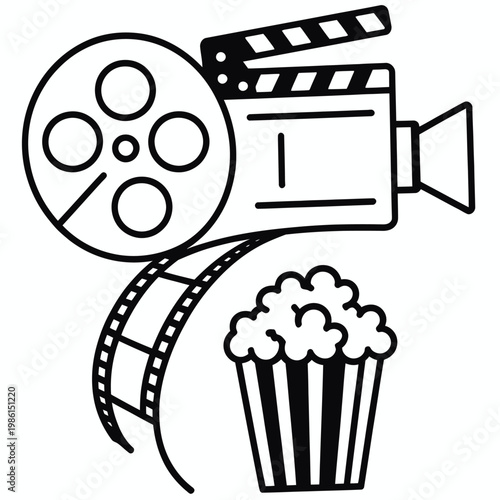 Movie Film Reel, Clapperboard, and Popcorn Line Art Icon Set