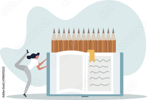 Education concept Student studying with book .cheerful woman posing.person's life situation and his activities.