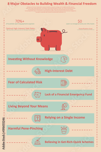 Infographic titled "8 Major Obstacles to Building Wealth & Financial Freedom" featuring a piggy bank and key financial tips regarding debt, savings, and investment goals.