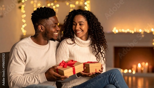Smiling couple exchanging gifts in a cozy, warmly lit living room with a fireplace and string lights