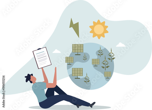 sustainable industry with windmills and solar energy panels.flat vector illustration.person's life situation and his activities.