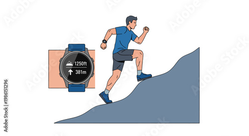 Man running uphill with smartwatch on wrist