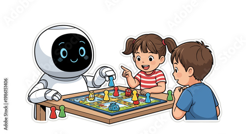 Robot playing board game with children, kids and artificial intelligence