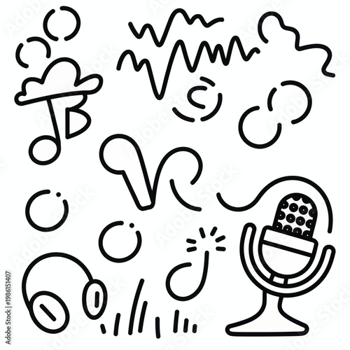 Set of Black Outline Music and Podcast Icons Vector