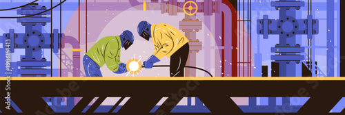 Industrial workers welding metal pipeline factory machinery sparks protective gear modern manufacturing plant background
