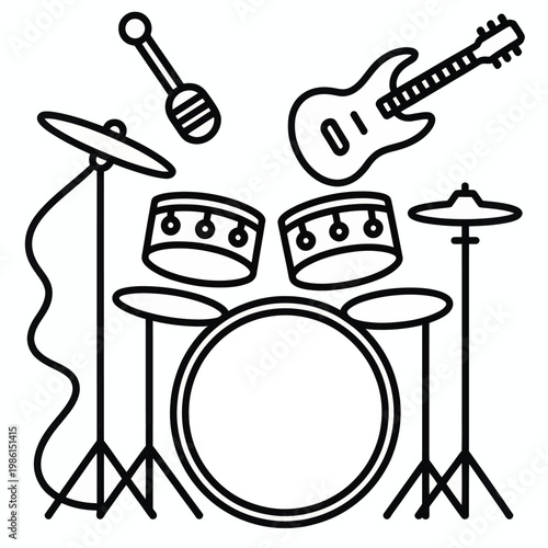 Black Outline Drum Kit with Cymbals, Microphone, and Electric Guitar Vector Illustration