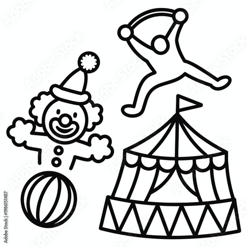 Black Outline Circus Clown, Acrobat, Tent, and Ball Illustration Set