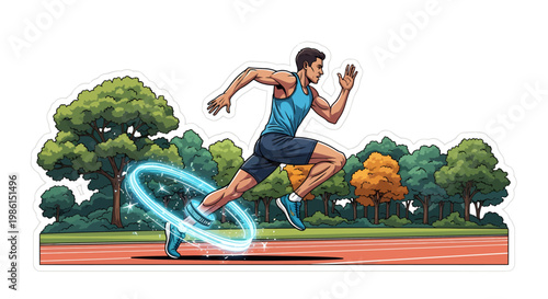 man running on track with glowing blue circle effect