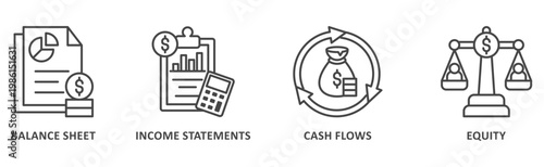 Financial statements banner web icon illustration with icon of balance sheet, income statements, cash flows, equity