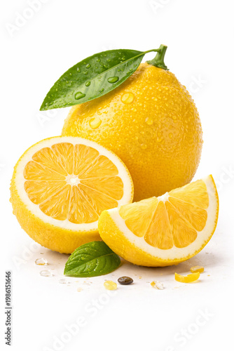 Zesty Lemon Still Life: A vibrant display of fresh lemons, showcasing whole fruits alongside perfectly sliced portions, captured with expert lighting.