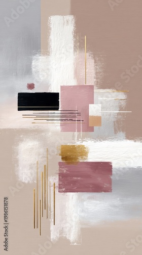 This artwork features a captivating mix of geometric shapes in soft pastel colors, seamlessly blending shades of pink, white, and black, evoking a sense of modern tranquility