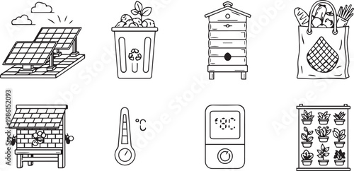 Sustainable living and eco friendly icons set solar panels, compost bin beehive reusable bag and vertical garden line art green energy vector elements
