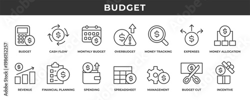 Budget icon set. Contains fill icons related to cash flow, revenue, spending, incentives, expenses, and more.