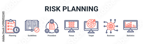 Risk Planning web banner icon vector illustration with icons of Planning, Guidelines, Procedure, Focus, Target, Business and Statistics