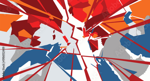 Fotografi A dynamic abstract composition featuring shattered elements in red, white, blue, orange, and gray, creating a sense of explosion and fragmentation with sharp lines