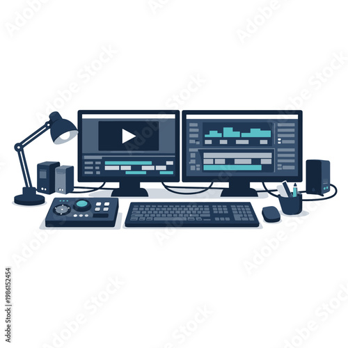 Video Editing Workspace Computer Setup With Keyboard