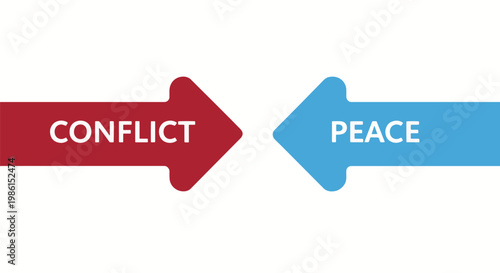 Arrows pointing in opposite directions, one red labeled 'Conflict' and the other blue labeled 'Peace', symbolize opposing concepts and choices.