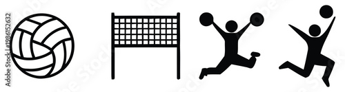 Volleyball icons with players in action and net