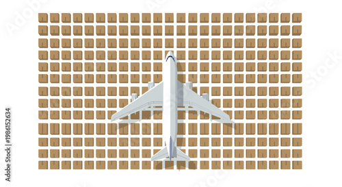 Top-down aerial perspective shows a white commercial airplane flying directly over a massive and perfectly organized grid of identical brown cardboard boxes.