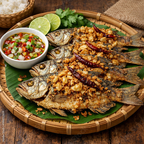 Culinary Delight: A captivating overhead shot presents a delectable feast. Crispy fried fish, artistically arranged on a bed of fresh green leaves.