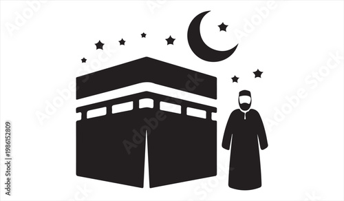 Kaaba with Muslim man under crescent moon and stars Islamic silhouette illustration