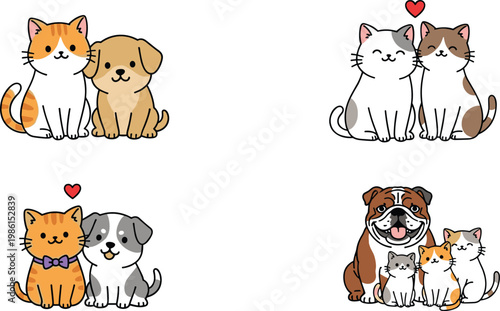 Cute Cat and Dog Couples Vector Set with Adorable Pet Pairs for Love, Friendship, and Animal Themed Designs, Ideal for Websites, Apps, and Pet Lover Projects