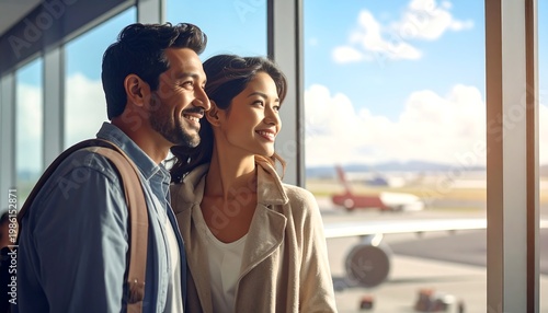 Smiling couple gaze out of airport window; planes blurred in the background on a bright, sunny day