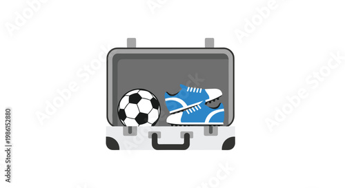 A gray open suitcase holds a classic black and white soccer ball and a pair of blue athletic cleats against a pristine and clean white background surface.